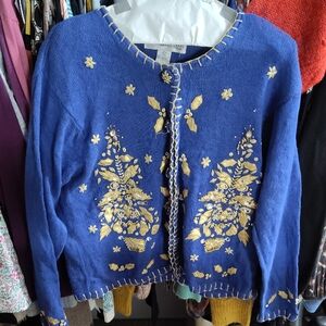 Elegant Blue Cardigan with Gold Embroidery